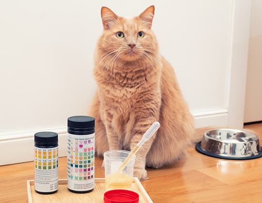 Rote Katze sitzt neben einem Tablet mit einem Urinbecher und Urinsticks