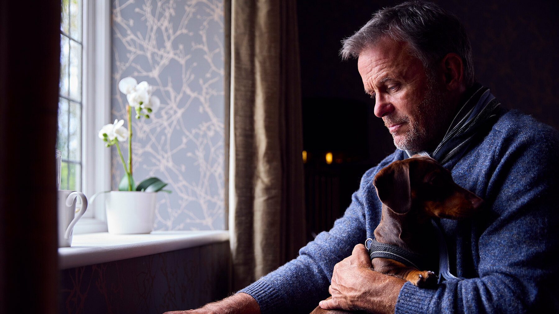 Mann mit Hund auf dem Arm steht am Fenster