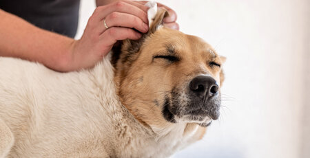 Hund bekommt das Ohr mit einem Tuch gereinigt